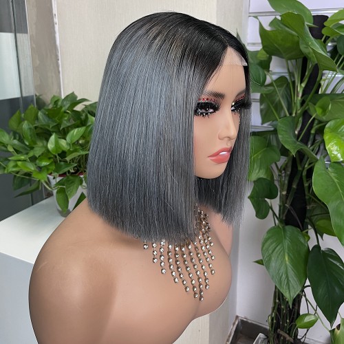 2x6 #1b/Grey Colored Straight BOB Lace Closure Virgin Human Hair Wig | Human Hair Wig | Lace Front